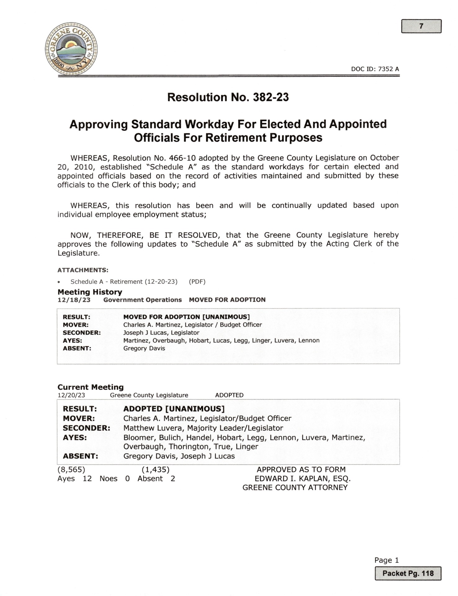 Res. No. 382 23 Approving Standard Workday for Elected and Appointed Officials For Retirement Purposes Page 1